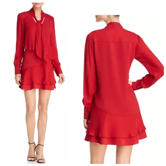 Parker Kenji Tie-Neck Asymmetric Ruffle Dress color red size S - Picture 1 of 14